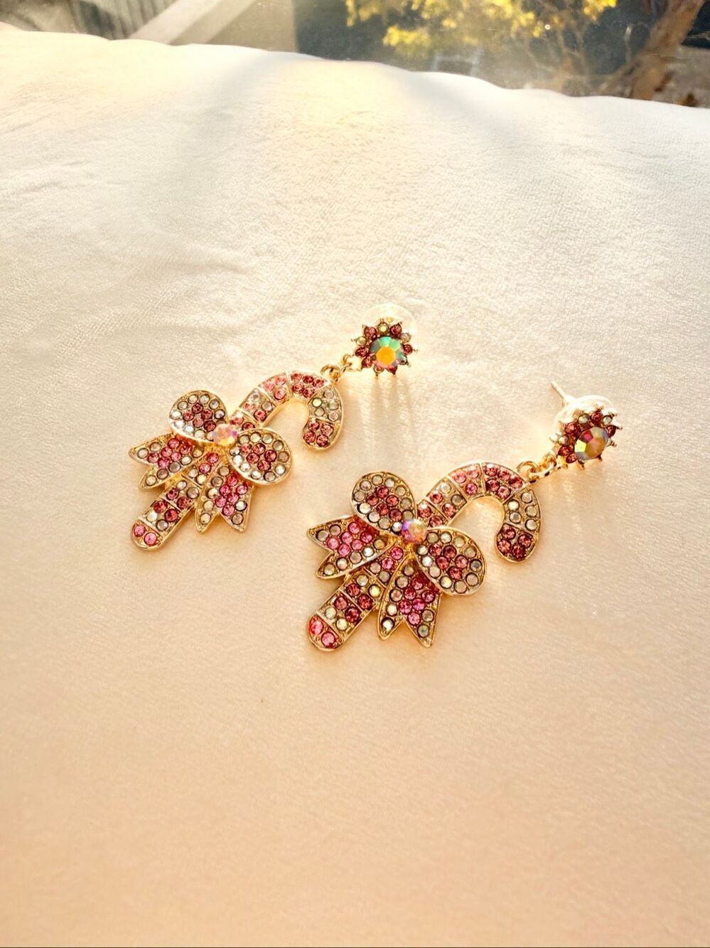 Pink Candy Cane Bow Earrings Rhinestone Christmas Holiday Statement